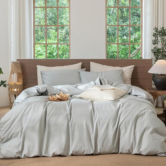 MooMee Striped Duvet Cover Set 100% Washed Cotton Linen Like Textured Breathable Durable Soft Comfy (Heathered Green Pinstripes, Palatial King/Oversized King 120"x98")