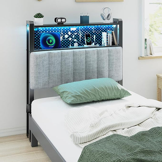 VINGLI Twin or Twin XL Size Headboard, Adjustable Upholstered Headboard with 2 Tier Shelves and Pegboard with Charging Stations and LED Lights, Modern Bed Headboard with Storage for Bedroom Decor