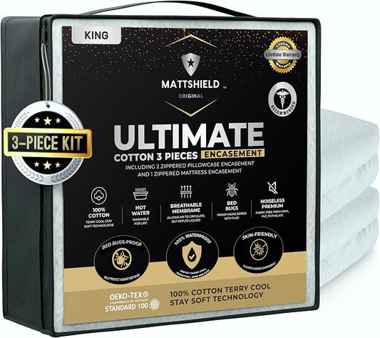 MATTSHIELD Ultimate 3-Piece Kit - Bed Bug-Proof Mattress Cover King Size 100% Cotton Top + 2 Queen Pillow Protectors with Zipper - 6 Sided Waterproof Encasement, Total Defense Kit