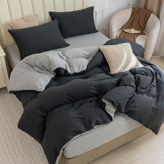 PURE ERA Jersey Knit Duvet Cover Set 100% T-Shirt Cotton Super Soft Comfy 3pc Bedding Set with Zipper Closure (Heather Charcoal Grey/Grey, King)