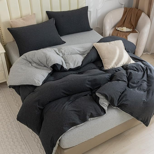 PURE ERA Jersey Knit Duvet Cover Set 100% T-Shirt Cotton Super Soft Comfy 3pc Bedding Set with Zipper Closure (Heather Charcoal Grey/Grey, Queen)