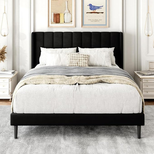 Gruwans Full Size Bed Frame with Upholstered Wingback Headboard, Easy Assemnly Platform Bed, Wooden Slat Support No Box Spring Needed, Black