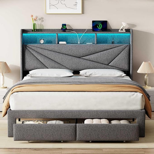 Driftalia LED Full Size Bed Frame with 2 Storage Drawers, Upholstered Full Bed Frame with Headboard and Charging Station, No Box Spring Needed, Easy to Assembly-Light Grey
