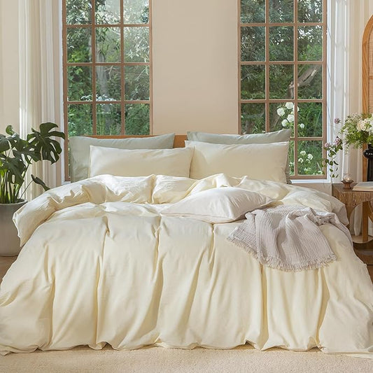 MooMee Bedding Duvet Cover Set 100% Washed Cotton Linen Like Textured Breathable Durable Soft Comfy (Solid Cream, Queen 90"x90")