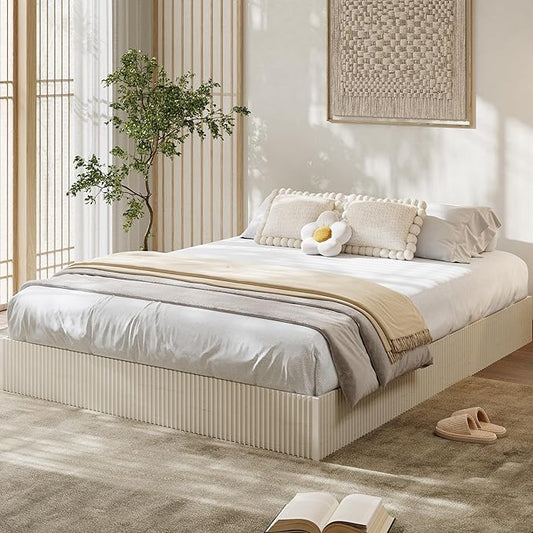 Garvee Queen Bed Frame, Wood Platform Bed with Fluted Design, Low Profile BedFrame, Minimalist Bed Base with Noise-Free, Easy Assembly, No Box Spring Needed, Cream