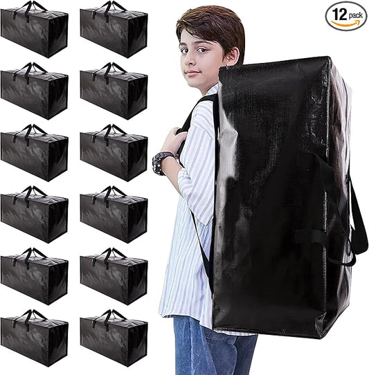 NATURELUX Heavy Duty Moving Bags with Backpack Straps and Strong Handles, Alternative to Moving Boxes and Storage Totes for Dorm Room Essentials, 12 Pack, Black