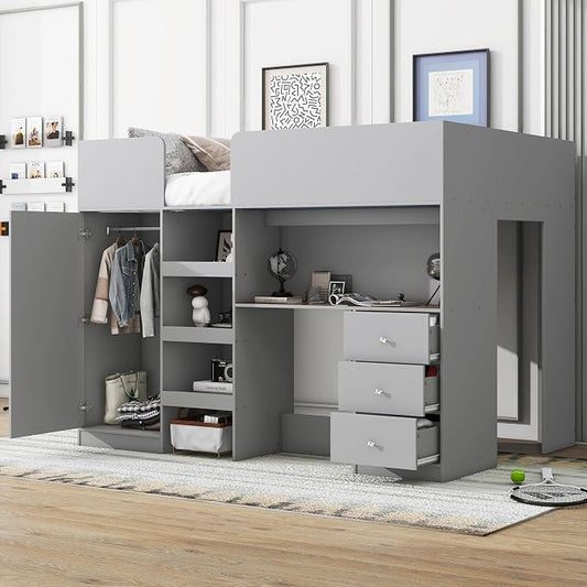 Harper & Bright Designs Full Size Loft Bed with Desk, Wood Full Loft Bed Frame with Built-in Wardrobe, Storage Shelves and Drawers, Gray