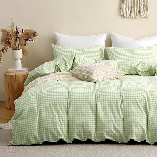TOCOMOA Plie Green Gingham Duvet Cover Bedding Set 100% Washed Cotton Like Linen Feel Super Soft Comfy 3 Piece Vintage Plaid Checkered Comforter Cover Set (Queen 90"x90", Comforter Not Included)
