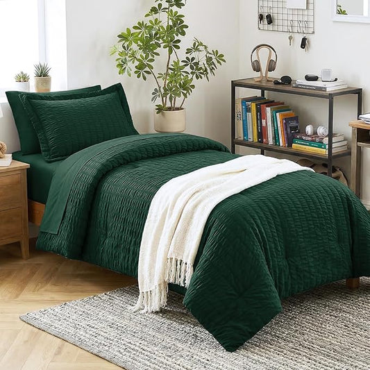 CozyLux Twin XL Comforter Set with Sheets Seersucker Emerald Green 5 Pieces Bed in a Bag, Twin Extra Long Luxury Soft Bedding Sets College Dorm Down Alternative Comforter, Sheets, Pillowcase & Sham