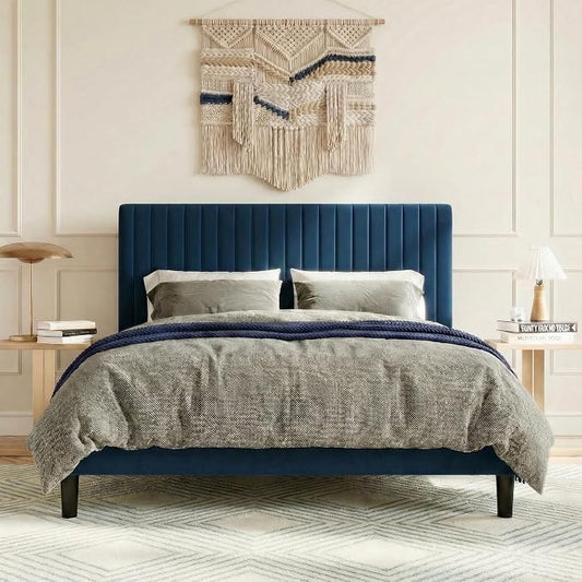SHA CERLIN Full Upholstered Platform Bed Frame with Vertical Channel Tufted Velvet Fabric Adjustable Headboard, Wooden Slats Support, Mattress Foundation, Box Spring Optional, Blue