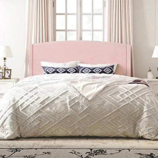 SHA CERLIN King Size Bed Frame with Soft Teddy Fabric, Boucle Upholstered Platform Bed, Curved Headboard Design, Wooden Slats Support, Noise-Free, No Box Spring Needed, Easy Assembly, Pink