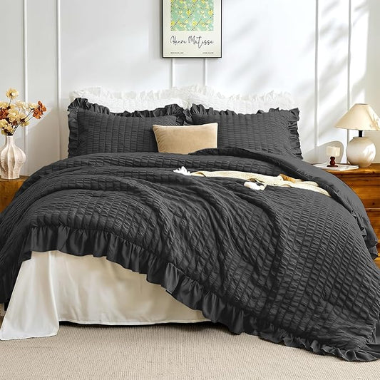 JOLLYVOGUE Black Twin Size Comforter Set, 2 Pieces Seersucker Lightweight Fluffy Bedding Set, Twin Ruffle Comforter, All Season Soft Microfiber Shabby Chic Bed Set
