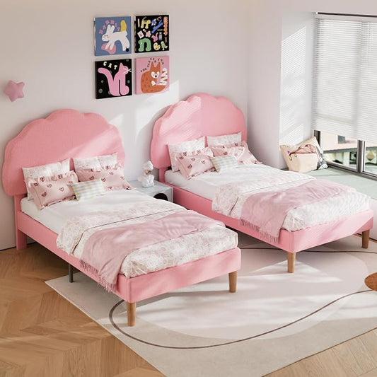 VECELO 2 Set Twin Size Bed Frame, Upholstered Platform Bedframe with Height Adjustable Plush Fabric Headboard, Strong Wood Slat Supports, No Box Spring Needed, Pink