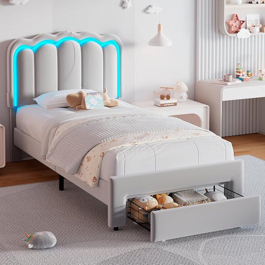 Jocoevol Twin Upholstered LED Bed Frame with Storage Drawer and Adjustable Chic Double Wavy Headboard, Velvet Princess Platform Bed for Girls/Kids, Solid Wood Slats Support, No Box Spring Needed, Grey