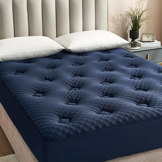 Hansleep Memory Foam Mattress Pad Topper Queen, Queen Foam Mattress Topper Viscose Derived from Bamboo, Queen Size Bed Mattress Pad Cover for Back Pain Relief, 60" x80", 60" x80", Navy Blue