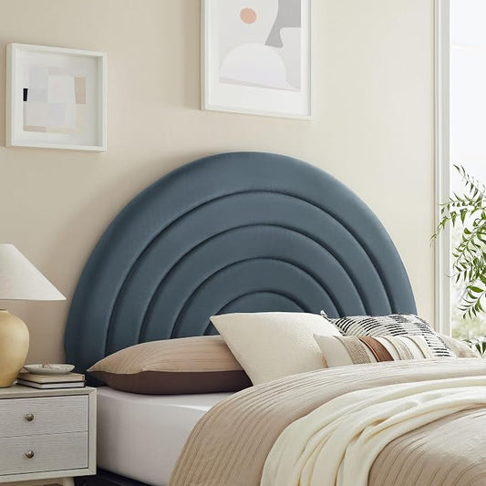 Modway Solana Soft Arch Shaped Round Queen Headboard in Cadet Blue – Upholstered Headboard – Stain-Resistant Performance Velvet Headboard for Queen Size Beds