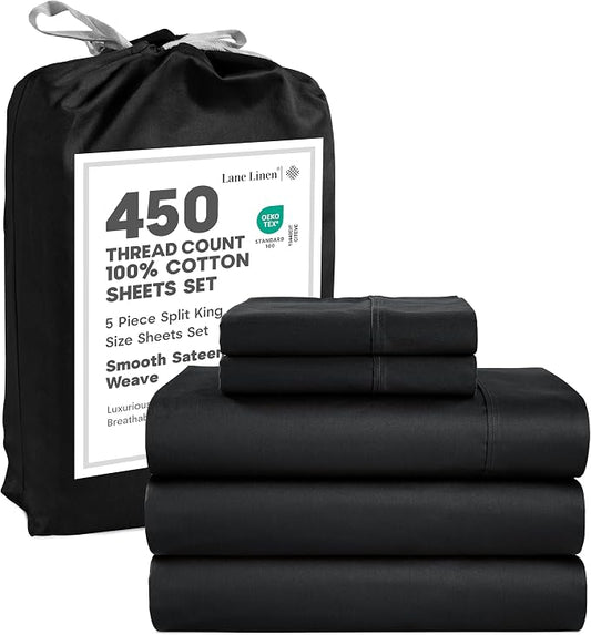 LANE LINEN Split King Sheet Sets for Adjustable Beds - 5 PCs, 450 Thread Count Split King Sheets Set - Sateen Weave King Split Sheets - Split Top King Sheets Set for Adjustable Bed - Black
