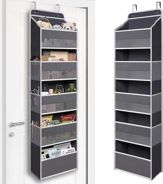 TYMENSH Over Door Organizer with 5 Large Pockets, Heavy Duty Hanging Organizer Storage, Closet Bathroom Nursery Bedroom Dorm, Toys Cosmetics Sundries and Baby Essentials, Gray