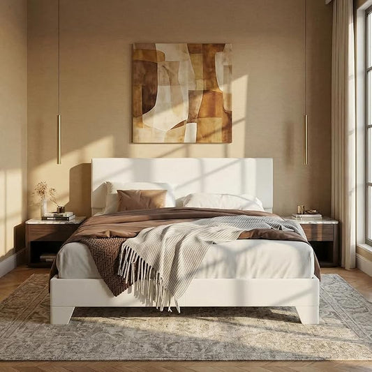 SHA CERLIN Full Size Bed Frame with Adjustable Headboard, Faux Leather Upholstered Platform Bed with Wood Slats, Stable Mattress Foundation,No Box Spring Needed, Off-White