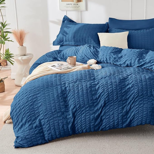 HYMOKEGE Teal Twin Size Duvet Cover, Ultra Soft 2-Piece Seersucker Duvet Cover Set with Zipper Closure, Soft Brushed Microfiber Bedding Set with 8 Corner Ties (68"x90", 1 Pillowshams)