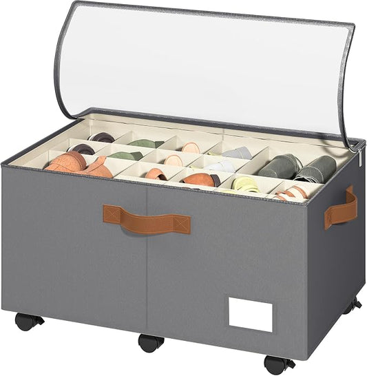 Foyego Shoe Organizer for Closet, Shoe Storage Organizer with Wheels and Adjustable Dividers, Stackable Shoe Storage Box with Clear Cover, Foldable Closet Shoe Organizer Fits up to 24-48 Pairs, Gray