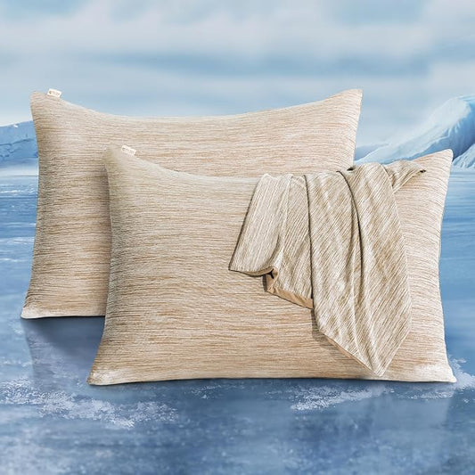 LUXEAR 2 Pack Cooling Pillow Cases King Size, Arc-Chill Q-Max > 0.5 for Hot Sleepers, Hair & Skin Friendly, Double-Sided, Machine Washable, Hidden Zipper, Gifts for Women Men, Beige