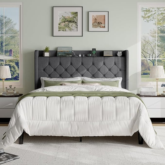 SHA CERLIN Full Size Platform Bed Frame with Charging Station, Linen Wingback Headboard with Storage Shelf, Wooden Slats Support, Ample Under-Bed Space, No Box Spring Needed, Easy Assembly, Dark Grey
