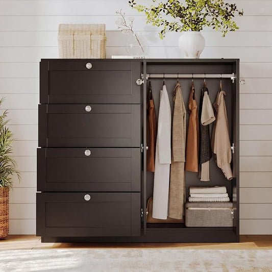 VOWNER Armoire Wardrobe Closet with 4 Drawers and 2 Doors, 43''H Clothing Storage Cabinet Dresser with Hanging Rod, Cothes Wardrobe for Bedroom, Baby Closet, Black