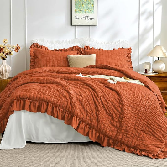 JOLLYVOGUE Burnt Orange Twin Size Comforter Set, 2 Pieces Seersucker Lightweight Fluffy Bedding Set, Twin Ruffle Comforter, All Season Soft Microfiber Shabby Chic Bed Set