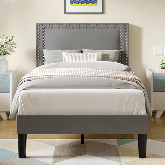 VECELO Twin Size Platform Bed Frame with Height Adjustable Upholstered Headboard, Modern Mattress Foundation,Strong Wood Slat Support, No Box Spring Needed, Easy Assembly, Dark Grey
