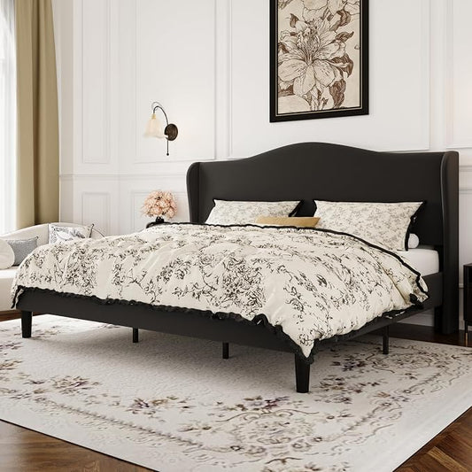 SHA CERLIN King Size Velvet Platform Bed Frame with Elegant Wingback Headboard, Modern & Luxurious Design, Sturdy Wooden Slats, No Box Spring Required, Easy Assembly, Noise-Free, Soft Black