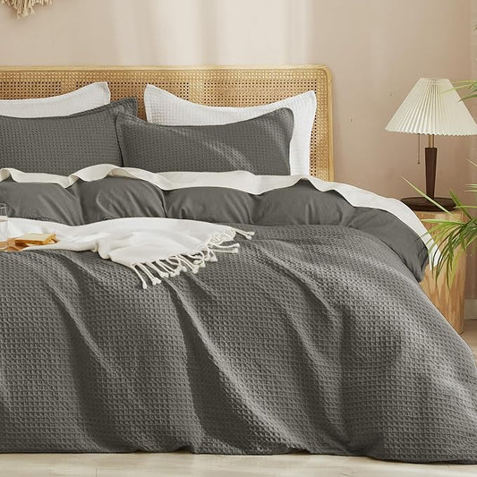 PHF Waffle Weave Duvet Cover Set California King, No Snagging Ultra Soft Luxury Textured Breathable Comforter Cover for All Season 3pcs, Durable Bedding Duvet Set with 2 Pillow Shams, 104"x98", Grey