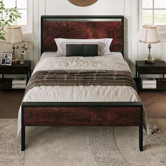Allewie Twin Size Platform Bed Frame with Wooden Headboard and Footboard, Heavy Duty Metal Slats Support, No Box Spring Needed, Under-Bed Storage, Noise Free, Easy Assembly, Mahogany