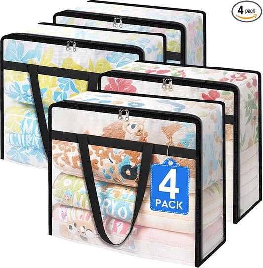 TasticTotes 4 Pack Clear Storage Bags for Comforter, Clothes & Bedding, Plastic Blanket Storage with Zipper and Handle, Moving Bags, Closet Organizer and Under-Bed Storage (60L)