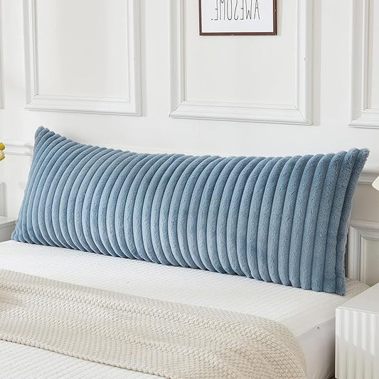 JAUXIO Faux Fur Fluffy Body Pillow Cover Luxury Textured Vertical Stripe Plush Decorative Body Pillowcase, Ultra Soft and Cozy Zipper Closure 21 x 54 Inches, Dusty Blue