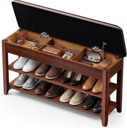 LBT Solid Wood Entryway Shoe Bench with Storage, Adjustable 2-Tier Shoe Rack, Flip-Top Hidden Compartment, Padded Leather Seat, Heavy-Duty 550 lb Capacity for Entryway, Mudroom, Closet 31.5 inch