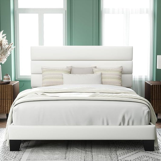 Allewie Queen Size Platform Bed Frame with Velvet Upholstered Headboard and Wooden Slats Support, Fully Mattress Foundation/No Box Spring Needed/Easy Assembly, White