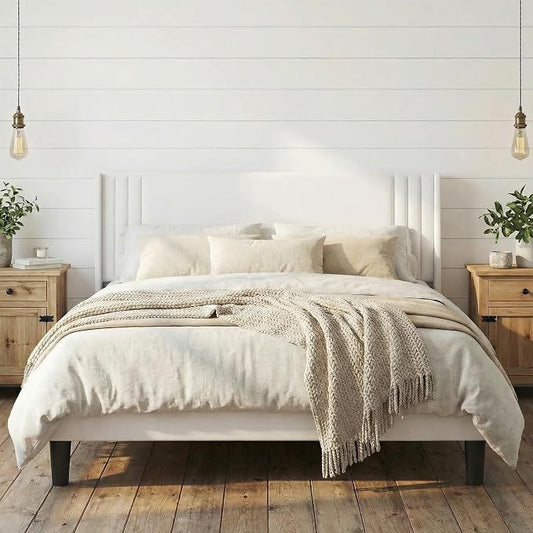 Gizoon Queen Bed Frame, Upholstered Platform Bed with Wingback and Modern Geometric Headboard, Wooden Slats, Noise-Free, No Box Spring Needed