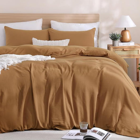 TOCOMOA Muslin Duvet Cover 100% Cotton Like Linen Texture Breathable Soft Comfy 3-Piece Burnt Orange Comforter Cover Fall Bedding Set (Queen 90"x90", Comforter Not Included)