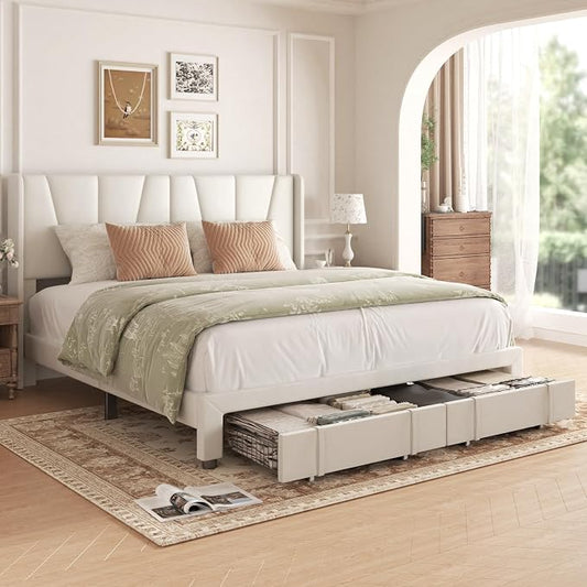 King Bed Frame with Storage Drawers, Velvet Upholstered Platform Bed with 47" Tall Headboard and Wingboard, No Box Spring Needed, NO Noise, Easy Assembly, Wooden Support Slats, Beige