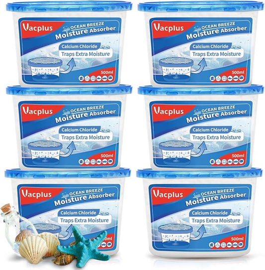 Vacplus Moisture Absorbers 6 Pack, Portable Humidity Absorber Boxes for Your Bathroom, Closet & Car, Dehumidifier with Ocean Fragrance, 10.5 Oz