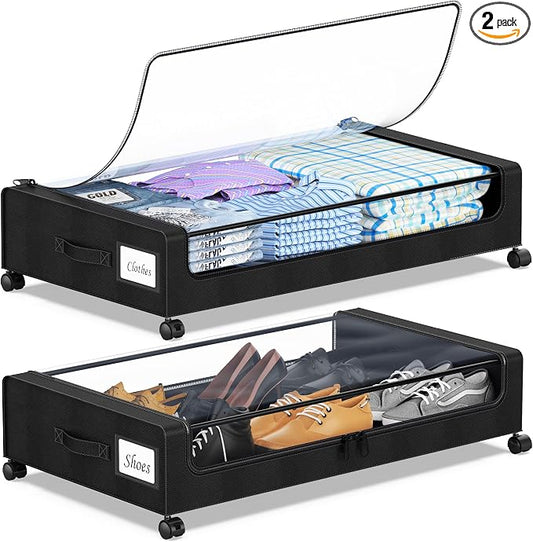 YAASHEEN Under Bed Storage with Wheels, 2-Pack Under the Bed Storage Containers with Clear Lids & Label, Underbed Storage Bins, XXL 60L Rolling Metal Drawer for Clothes, Shoes, Toys, Books - Black