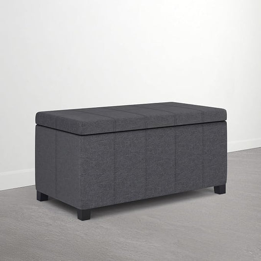 SIMPLIHOME Dover Storage Ottoman Bench - 36 inch Wide Upholstered Linen Look Fabric Rectangle Storage Ottoman Bench in Flint Grey, Contemporary Ottoman for Living Room or Entryway with Lift-Up Lid