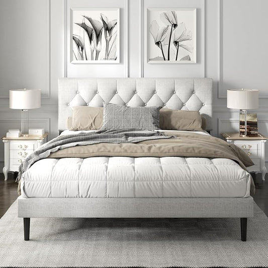 HAOARA King Size Platform Bed Frame with Upholstered Button Tufted Headboard, Mattress Foundation with Wooden Slat Support, Noise Free, No Box Spring Needed, Easy Assembly, Light Grey