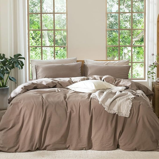 MooMee Bedding Duvet Cover Set 100% Washed Cotton Linen Like Textured Breathable Durable Soft Comfy (Solid Brown, Cal King 104"x98")