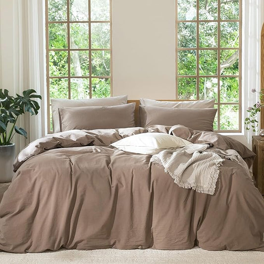 MooMee Bedding Duvet Cover Set 100% Washed Cotton Linen Like Textured Breathable Durable Soft Comfy (Solid Brown, Oversized King Plus 128"x120")