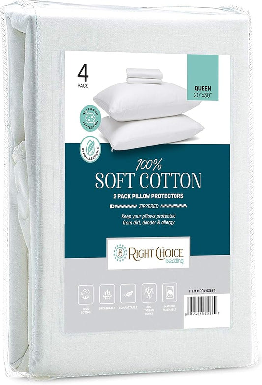 Cotton Pillow Protectors with Zipper -Zip Up Pillowcase (4 Pack, Queen 20x30)
