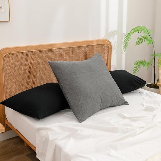 BESTOUCH 100% Washed Cotton Pillowcase for Hair and Skin Linen Feel Soft Comfortable Breathable 2 Set Pillow Case with Envelope Closure Solid Dark Grey Euro 26x26 Inches