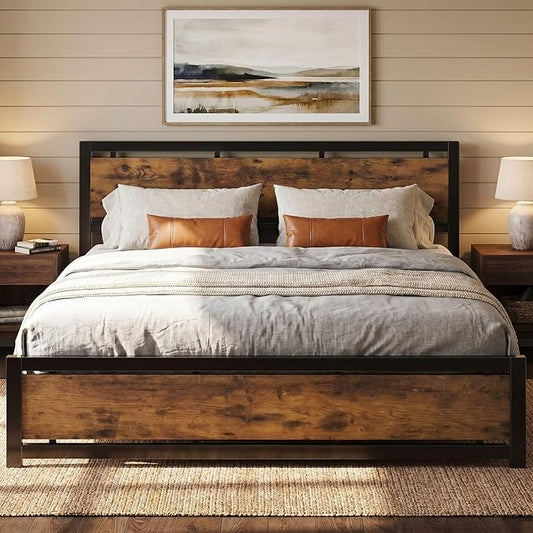LIKIMIO King Bed Frame with Headboard and Footboard, Metal Strong Supports, Easy Assembly, Noise-Free, No Box Spring Needed, Vintage Brown