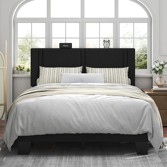 Feonase Queen Platform Bed Frame, Fabric Upholstered Queen Bed Frame, Solid Wood Slats & Heavy Duty Feet Support, No Box Spring Needed, Noise-Free, Easy Assembly, Black